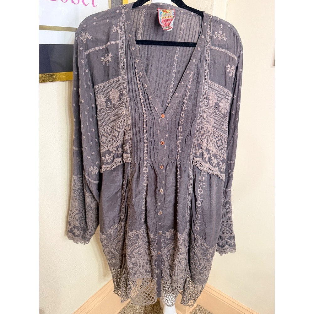 Johnny Was Embroidered Lace Trim Tunic Top Gray Boho Button Front Plus Size 2X